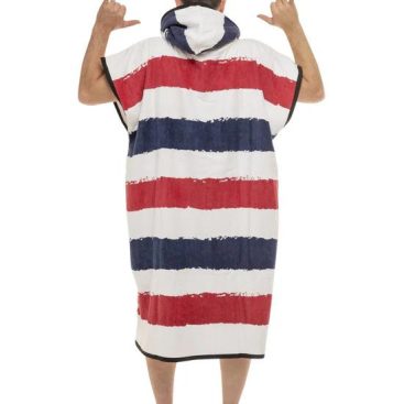 פונצ'ו חברת אול אין ALL IN דגם קלאסיק ביץ צבע לבן פסים אדום כחול